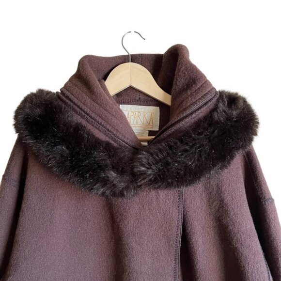 Linda Lundström Wool Laparka Brown Faux Fur Coat XL Vintage - Picture 4 of 16
